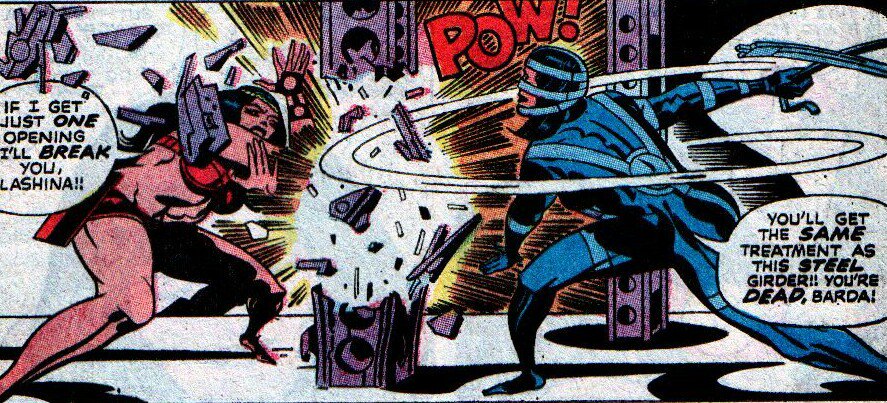 Lashina battles <a href="/Barda__/">Kainat</a> and shows off the power of her lashes as she cuts through a steel beam! Both have been the leader of Female Furies.