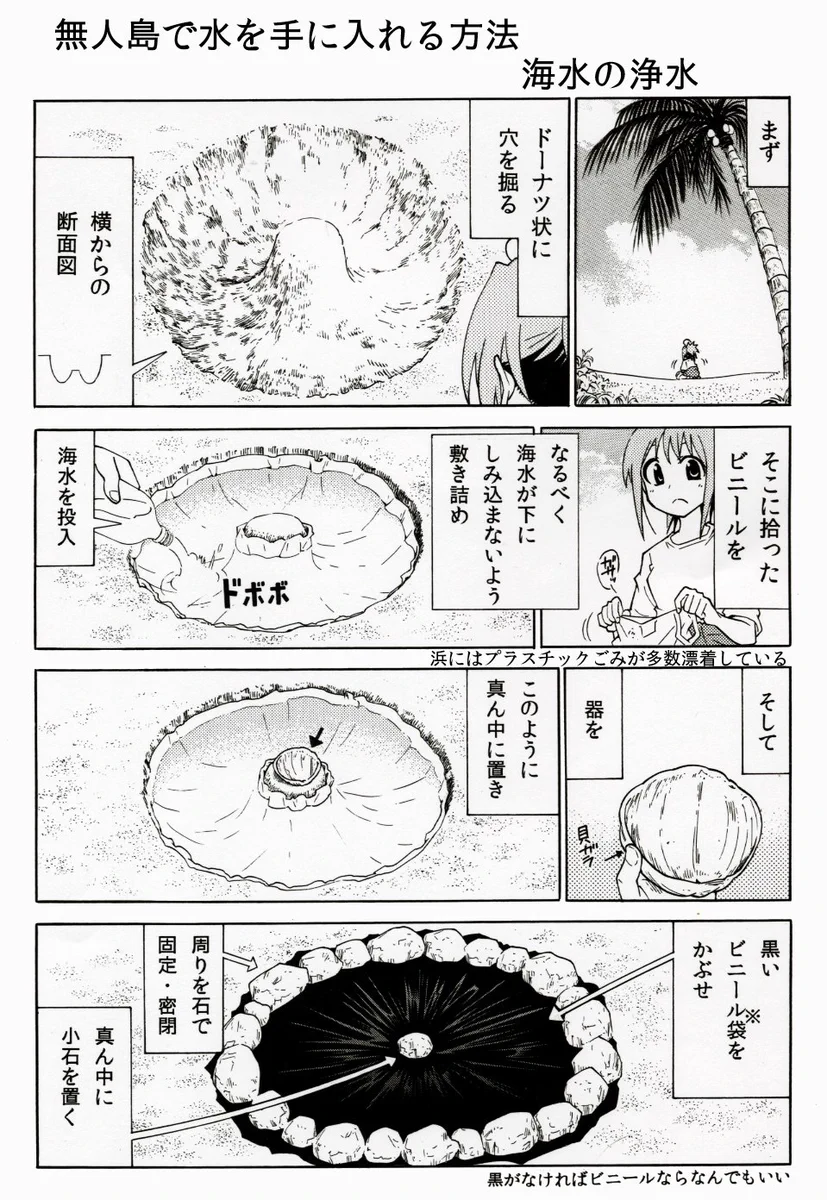 これは覚えておきたい。無人島で水を確保するために、海水を浄水する方法。