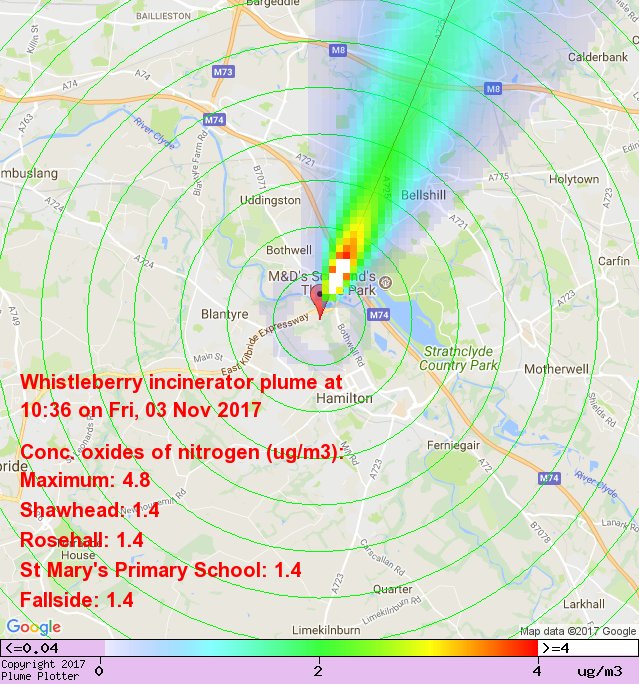 plumeplotter's tweet photo. Latest Whistleberry incinerator plume plot, 10:36 03/11/17 #Shawhead #Rosehall #Fallside https://t.co/wv6uOfJgyP https://t.co/BI32ZxsBuR