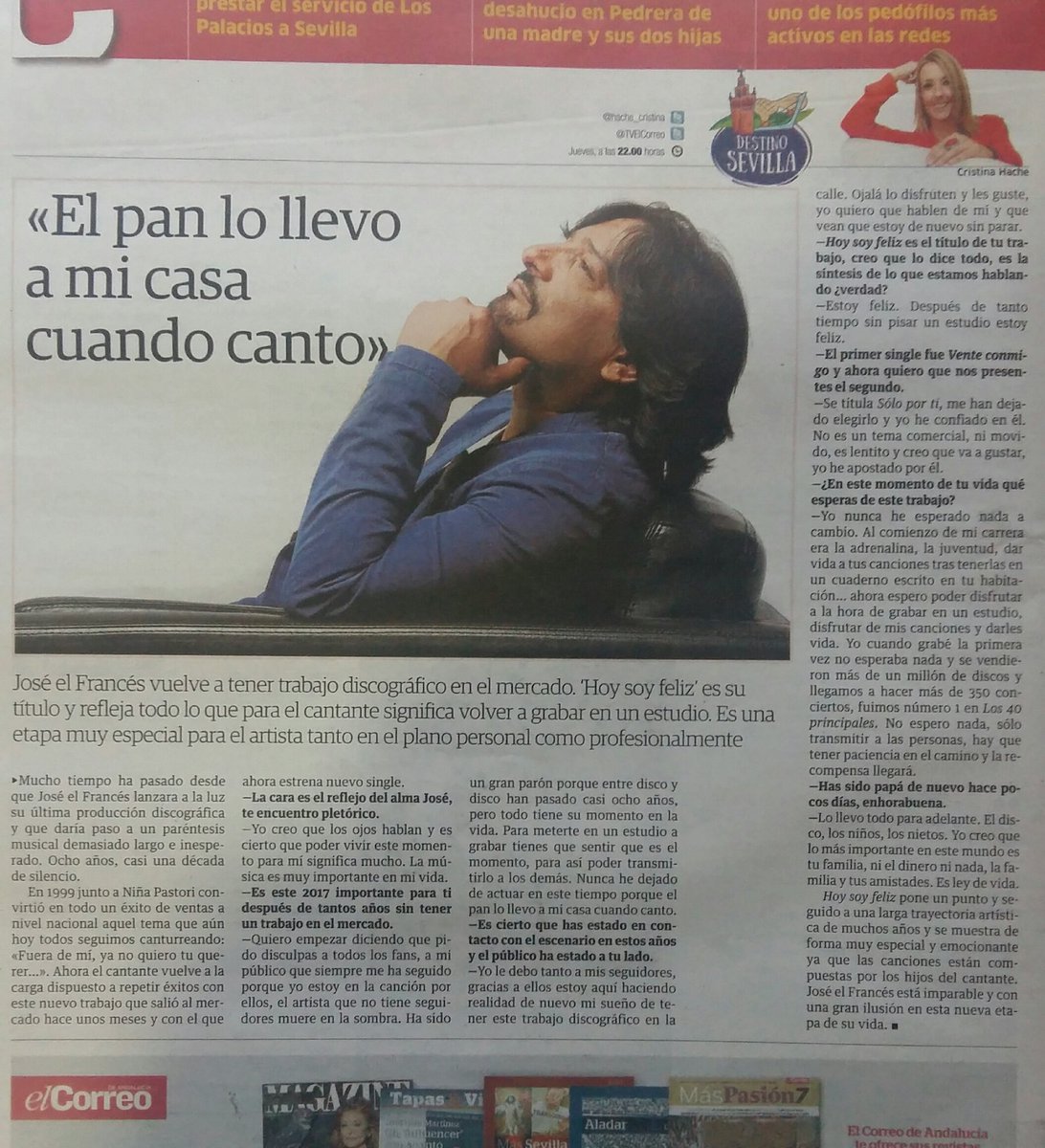 He echado un ratito con <a href="/ElFrancesmusica/">Joseelfrances</a> y me ha contado lo ilusionado que está con su nuevo trabajo discográfico "Hoy soy feliz" @elCorreoWeb