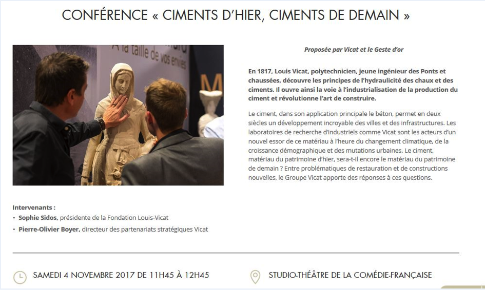 GroupeVicat's tweet photo. #SIPC2017 RV demain à 11h45 au Studio Théâtre de la @ComedieFr : conférence "ciments d'hier, ciments de demain" animée par @SophieSidos, Pdte Fondation Louis Vicat et @po_boyer, Directeur des partenariats stratégiques https://t.co/J7Hzsec9UE