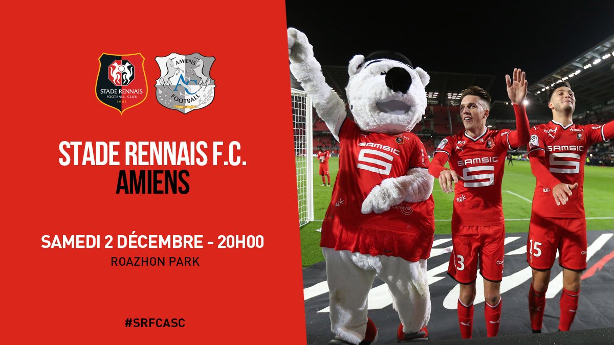 staderennais's tweet photo. [PROGRAMMATION TV]
⚽️ #J16 #Ligue1 
#StadeRennais ⚡️@AmiensSC 
📆 Samedi 2 décembre
🕗 20h
📍 @RoazhonPark
🎫 https://t.co/iJLd2SnhNP
#SRFCASC https://t.co/zNiolp9rgC