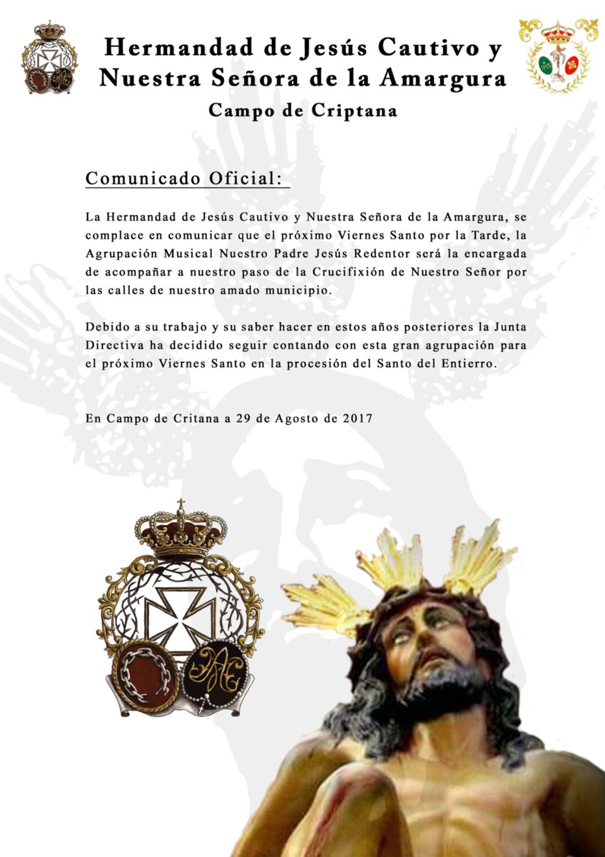 CautivoCriptana's tweet photo. Contrato Viernes Santo procesión del Santo Entierro A.M. "Nuestro Padre Jesús Redentor" @AM_Redentor https://t.co/by0OdHauuK https://t.co/cRhpxCsREv