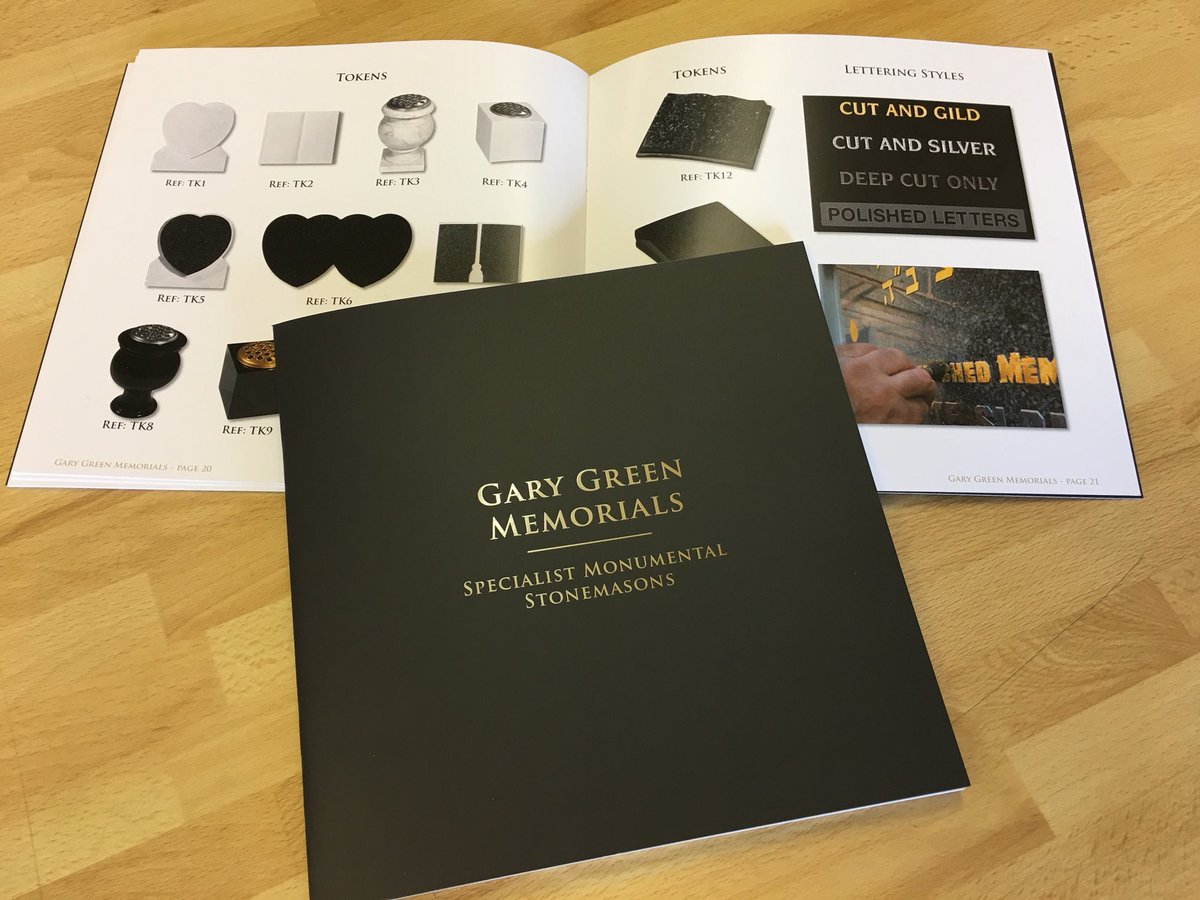 speedprintessex's tweet photo. 24 page brochure designed, printed and completed this week for Gary Green Memorials in Ilford. 350gsm silk cover with Matt lamination and spot uv varnish, and 200gsm silk inner pages #satisfiedcustomer #printingessex #spotuv #monumentalmason #stonemason https://t.co/UvyEjVAnMe