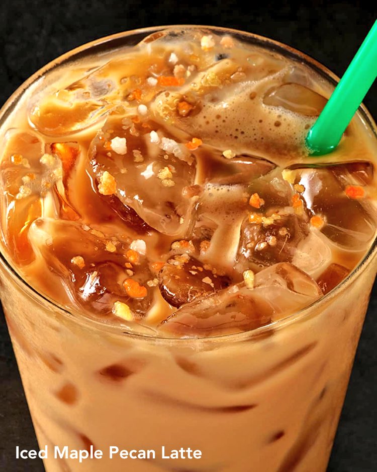 USStarbucks's tweet photo. Iced Maple Pecan Latte #スタバ Our rich espresso and cold milk with notes of maple syrup, pecan and brown butter. A can't-miss autumn latte. https://t.co/EEk9ETYFvN