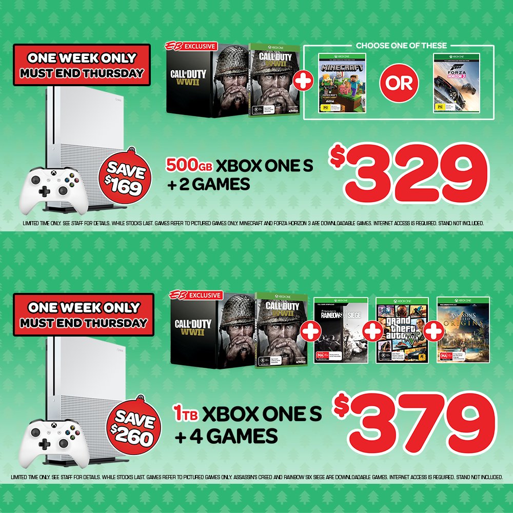 EBGamesAus's tweet photo. ONE WEEK ONLY: Check out these jolly #XboxOneS bundle deals: https://t.co/WF7Qvqg97Z https://t.co/eV1tNFq5Yk
