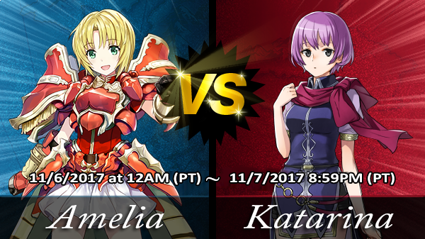 FEHeroes_News's tweet photo. 【Voting Gauntlet 11/6】
1st set of Heroes! Who will win? Use hashtags #TeamAmelia & #TeamKatarina to show your support ♪ #VoteWars #FEHeroes https://t.co/YW9NgeE8JK
