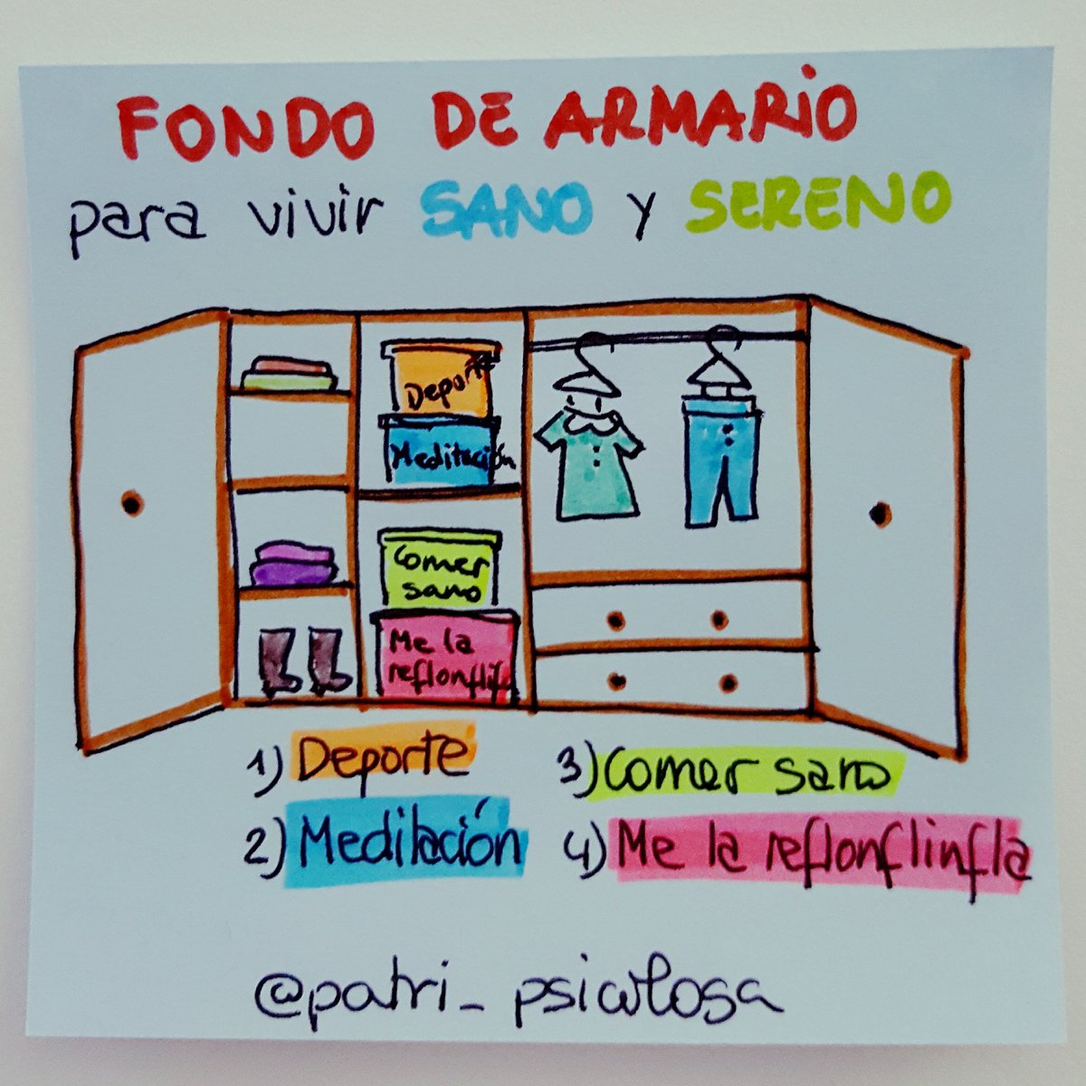 Patri_Psicologa's tweet photo. Fondo de armario para vivir sano y sereno.
✔Medita
✔Haz ejercicio
✔Come sano
✔Practica el "me la reflonflinfla"
#felizfindeatodos https://t.co/DpXZzmHFyO