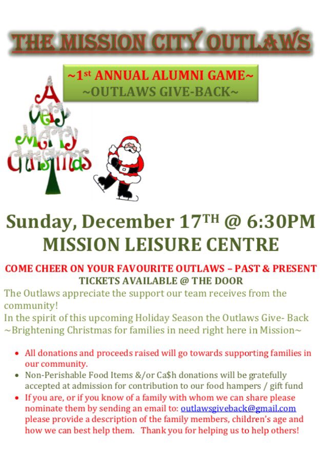 Outlaws_PJHL's tweet photo. Mark your calendars. @Outlaws_PJHL @MissionOutlaws 1st Annual Alumni Game - Dec 17th 6:30pm #outlawsgiveback https://t.co/I7EP4kxEVk