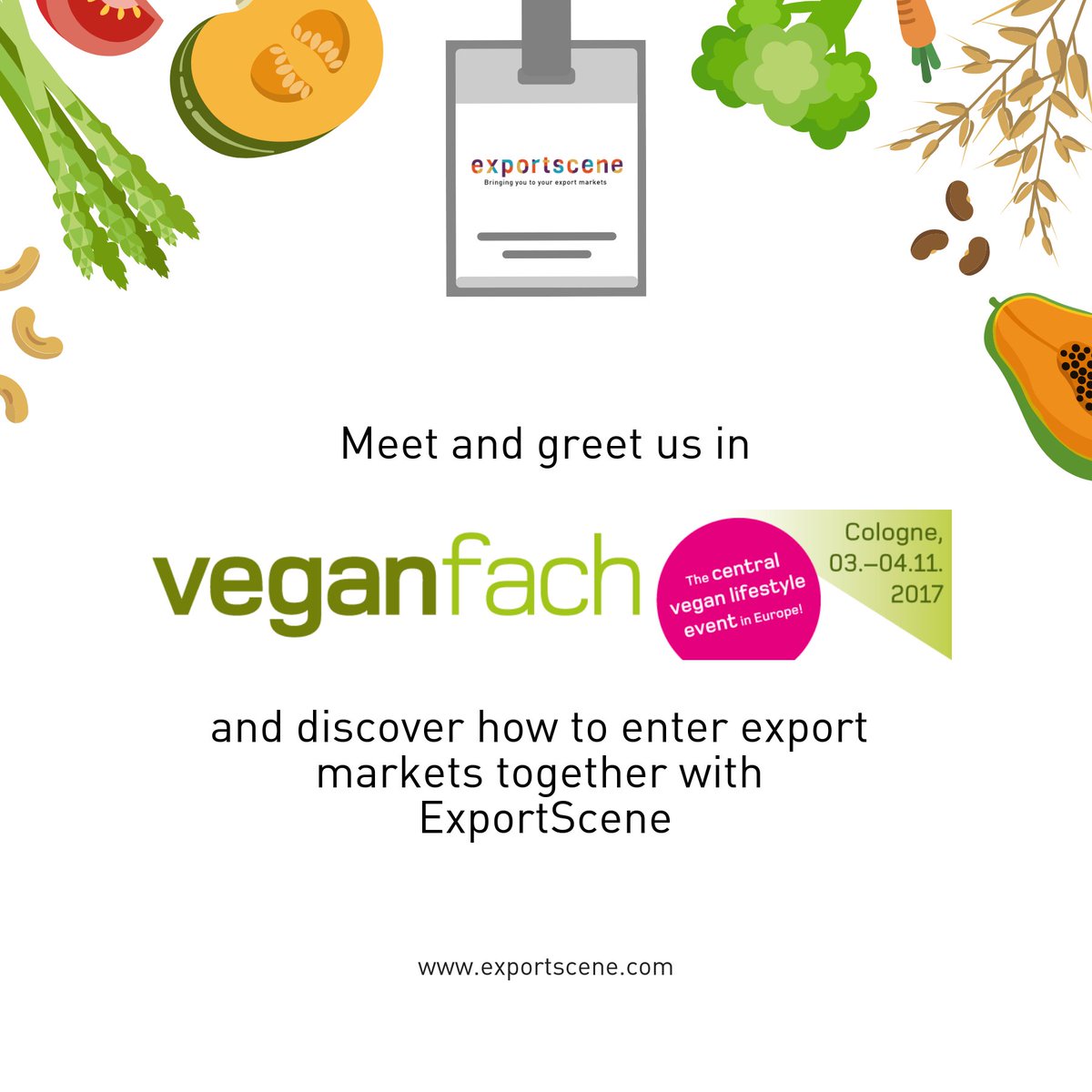 Export_Scene's tweet photo. Today #exportscene is at Veganfach - the central vegan lifestyle trade fair in Europe held in Cologne, Germany. Let's meet! #food https://t.co/JcaqM0Swtr