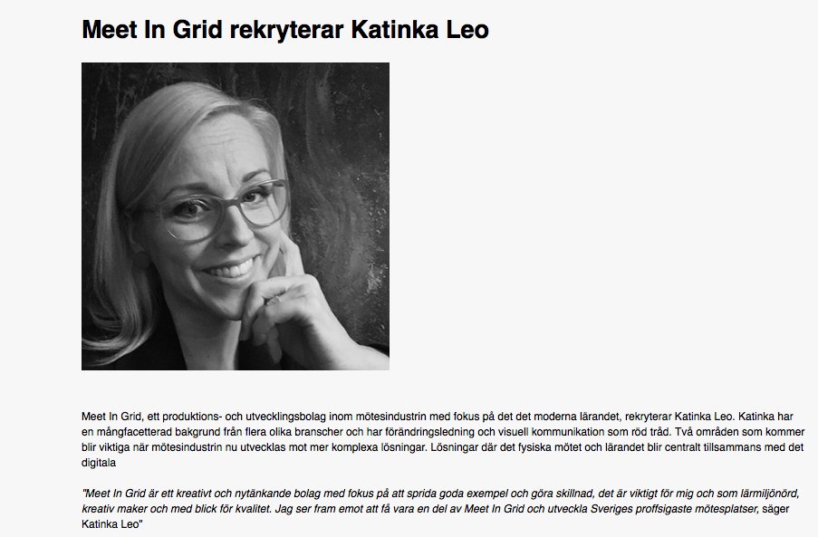 Meet In Grid växer. Välkommen till oss <a href="/KatinkaLeo/">Katinka Vikingsen</a>! meetingrid.se/press/