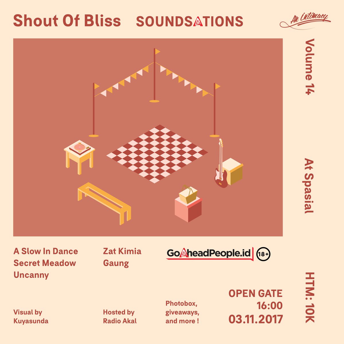 #AnIntimacy Vol. 14: #ShoutofBliss | <a href="/Uncannybdg/">UNCANNY</a>, Secret Meadow, <a href="/aslowindance/">A SLOW IN DANCE</a>, @zatkimia, <a href="/MENGGAUNG/">GAUNG</a> | 3/11 at <a href="/_spasial/">spasial</a> | HTM: 10k