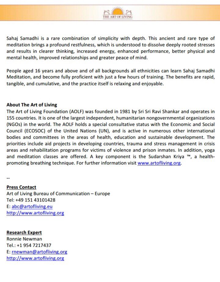 jainajgd's tweet photo. World Psychiatry Association has awarded @ArtofLiving for Sahaj Samadhi Meditation-its long term benefits on heart health,stress,depression. https://t.co/W8EWPYZTNm