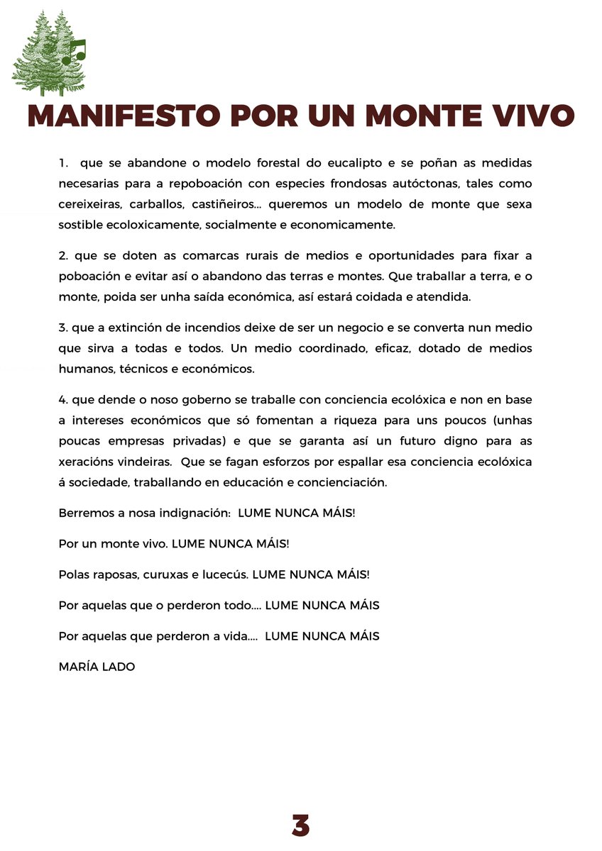 O #ManifestoPorUnMonteVivo, de <a href="/mariabymyside/">maría lado</a> será lido este sábado ao comezo do #CExMV en Ourense, Compostela, Mos, Manzaneda, Ferrol, Vilar de Santos e Vila de Cruces.
Por un monte vivo. Lume Nunca Máis!!