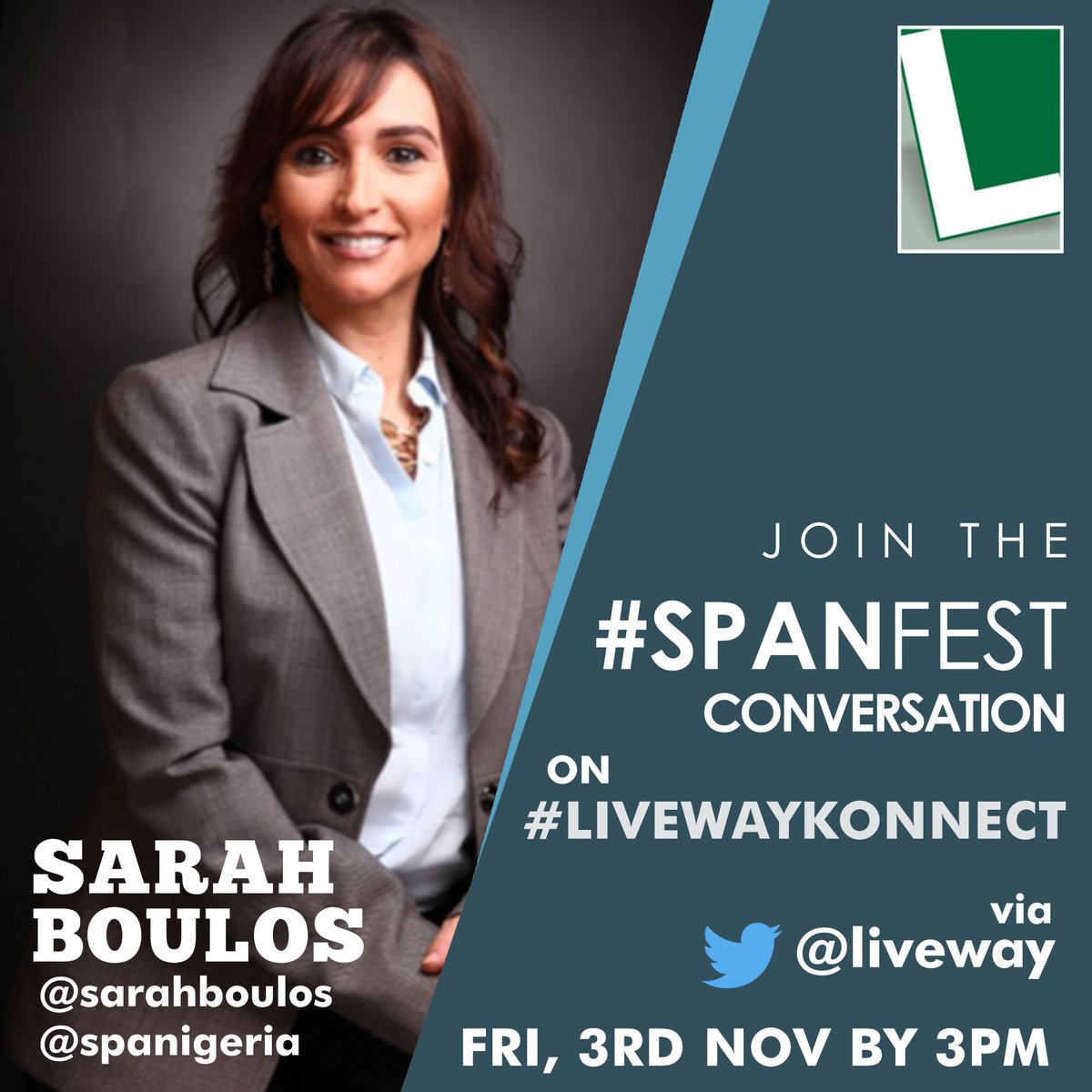 iamkemiPR's tweet photo. Hello friends,
Please join the #spanfest conversation on #livewaykonnect via @liveway by 3pm TODAY

@sarahboulos
Span Nigeria [@spanigeria] https://t.co/qbZOAJ6sRO