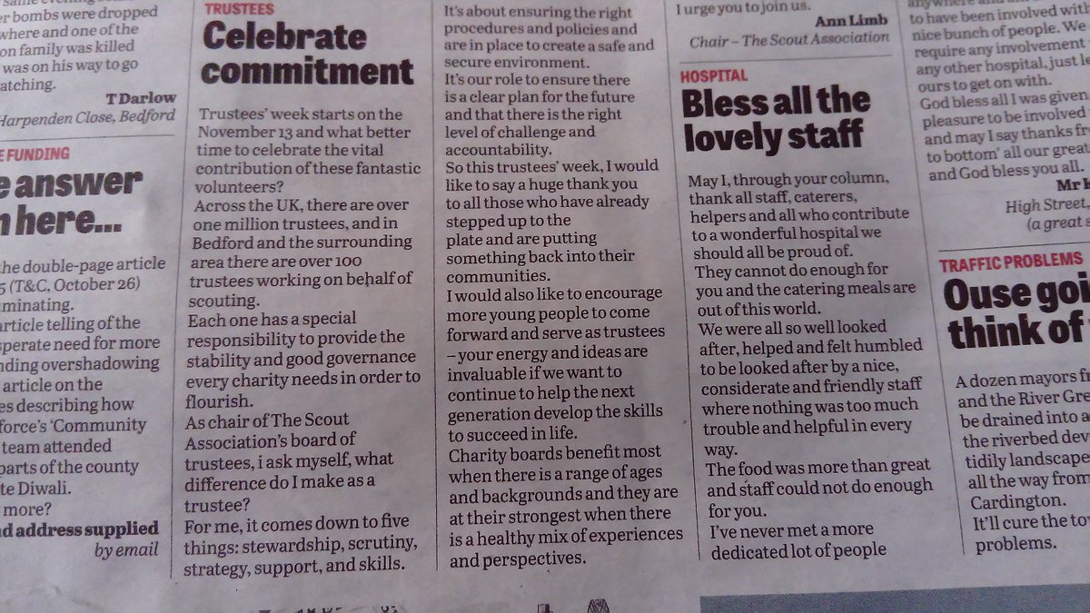 scoutsnigelt's tweet photo. Great to see a letter from @AnnLimb from @UKScouting in @BedfordTC about being a trustee. @andrewjthorp @bedsscouts @BobCalver https://t.co/28mA1zSz4y