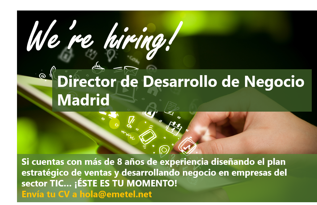 Emetel (@emetel) on Twitter photo ¿Experiencia en el sector TIC? Puedes ser nuestro Director Desarrollo de Negocio para Madrid. Escríbenos a hola@tesaliacapital.com
#empleo ¿Experiencia en el sector TIC? Puedes ser nuestro Director Desarrollo de Negocio para Madrid. Escríbenos a hola@tesaliacapital.com
#empleo