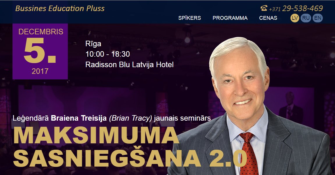 WINpartnersLV's tweet photo. Braiena Treisija (Brian Tracy) jaunais seminārs​ "Maksimuma sasniegšana 2.0​" https://t.co/qthbtwJHYy. 10% atlaižu kods – WP10BT https://t.co/tfHDBScOUB