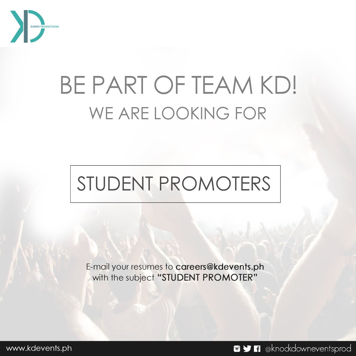 knockdownevents's tweet photo. MAKE COLLEGE THE BEST YEARS OF YOUR LIFE! Submit your resumes now! Deadline of applications is until November 21 only. #KDHiring https://t.co/IWC14LmLo1