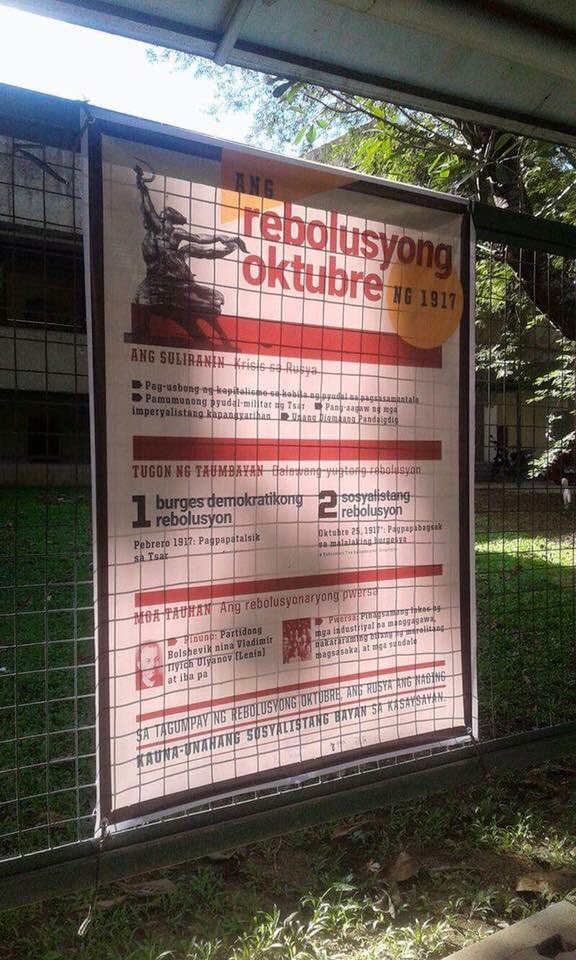 AnakbayanUPC's tweet photo. LOOK: In line of the ORCC, an exhibit was put up @ UPC catwalk in commemoration of the greatest hallmarks of world history.
#OctoberRev100 https://t.co/qdLWhW6HMg
