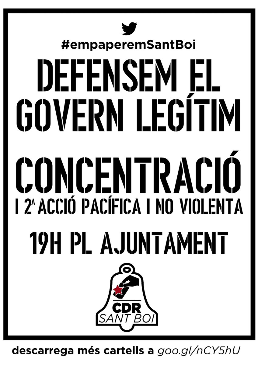 CDRSantBoi's tweet photo. 📢Alerta! Davant empresonament d Govern legítim de República, reponem! Avui divendres 19h Pl Ajuntament: concentració i 2ª acció no violenta! https://t.co/TXl0mOzd00