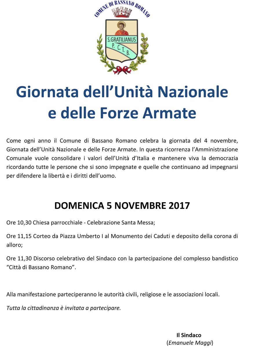 Giornata dell'Unità Nazionale e delle Forze Armate. Tutti i cittadini sono invitati a partecipare domenica 5 novembre.