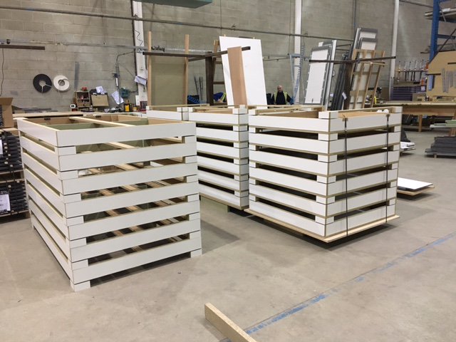 Mirror box units, assembled and waiting to go on site. We have produced in excess of 200 of these units for a large office block