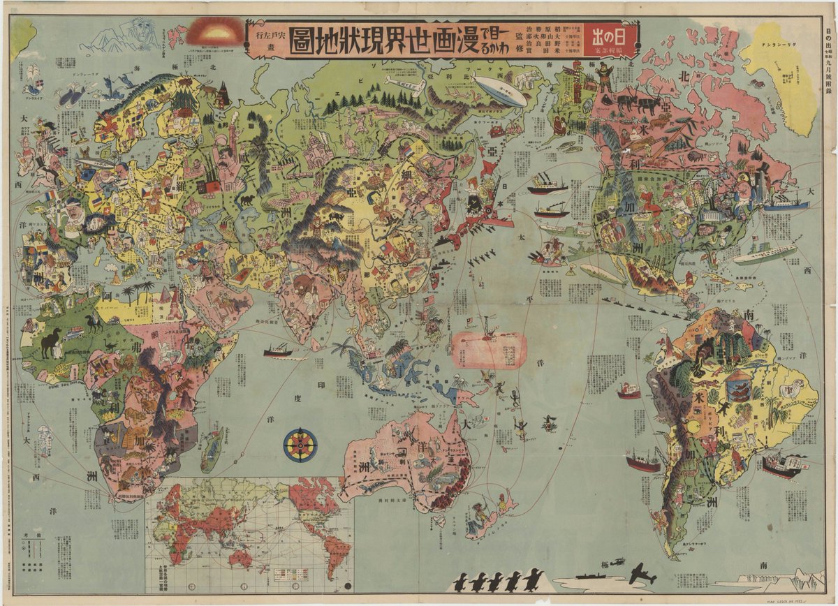 Arcdelahistori's tweet photo. Curioso mapamundi ilustrado japonés de 1932 que muestra muchos de los eventos políticos del momento. https://t.co/1xooTZP7mt