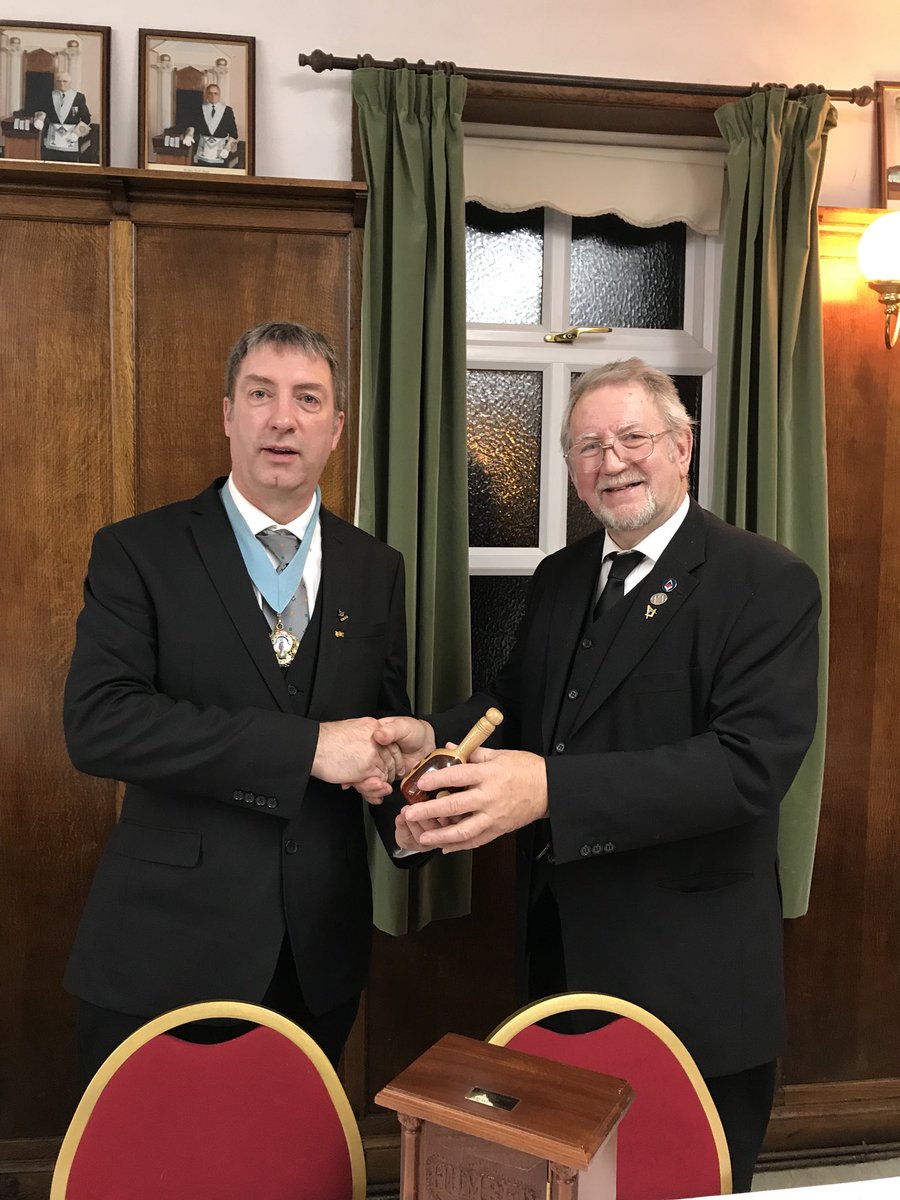 W Bro Johnson receives the traveling gavel from the Master of St Cuthberts lodge in Howden last night. 7 brethren joined Jim on the visit