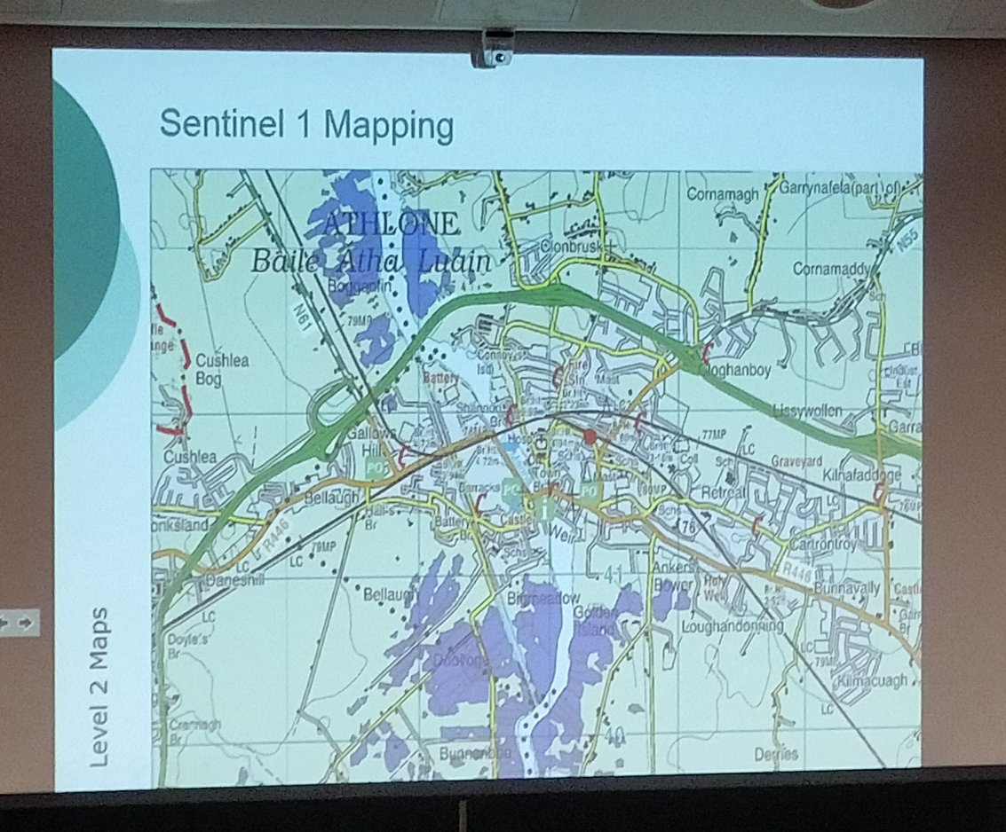 JonathanFaull's tweet photo. Flood data from #Sentinal1 used to map flooding in #Athlone, very useful! @CopernicusEU @MaynoothUni #ieos2017 https://t.co/v0KEx9srAE