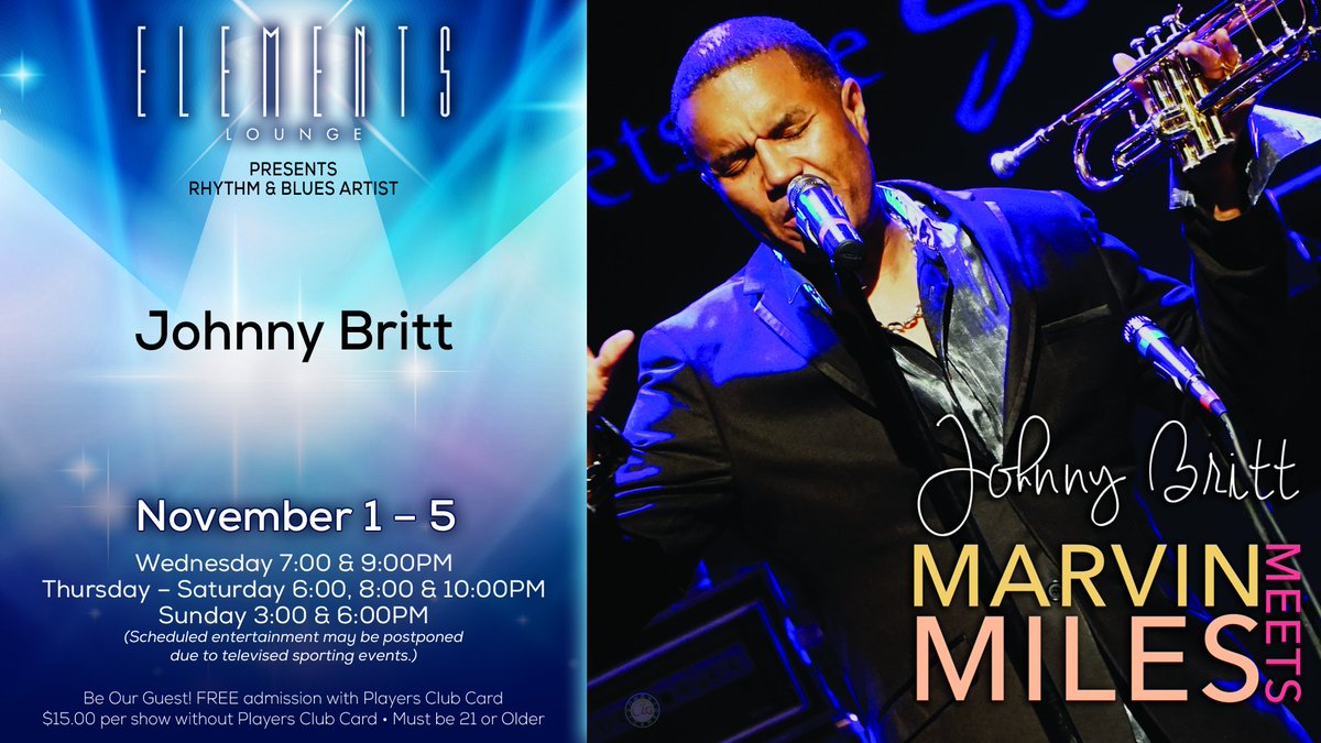7FeathersCasino's tweet photo. Johnny Britt in Elements Lounge this weekend singing your favorite R&B Music.
Friday & Saturday 6:00, 8:00 & 10:00PM
Sunday 3:00 & 6:00PM https://t.co/fNByKbGVE1