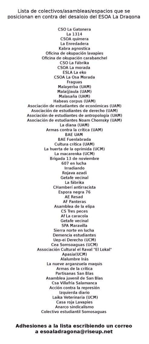 dragonaesoa's tweet photo. Lista de colectivos/asambleas/espacios en contra del desalojo. Escriban a esoaladragona@riseup.net si quieren adherirse. #LaDragonaEnGuerra https://t.co/r5NP3DIRhE