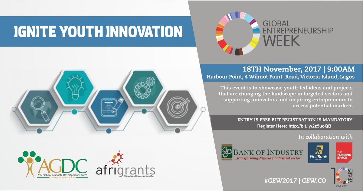 The Funding Space (@thefundingspace) on Twitter photo #GEW2017 #igniteyouthinnovation <a href="/agdc_ng/">AGDC</a> <a href="/FirstBankngr/">FirstBank Nigeria</a> <a href="/BOINigeria/">Bank of Industry, Nigeria</a> .
Entry is FREE
Register Here: bit.ly/2z5uoQB. #GEW2017 #igniteyouthinnovation <a href="/agdc_ng/">AGDC</a> <a href="/FirstBankngr/">FirstBank Nigeria</a> <a href="/BOINigeria/">Bank of Industry, Nigeria</a> .
Entry is FREE
Register Here: bit.ly/2z5uoQB.