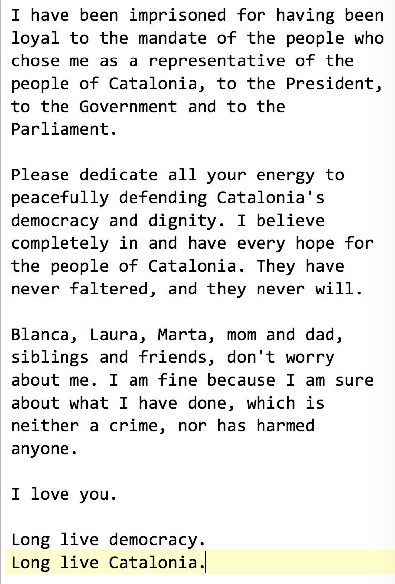 This from imprisoned Catalan government minister @JordiTurull [please share]