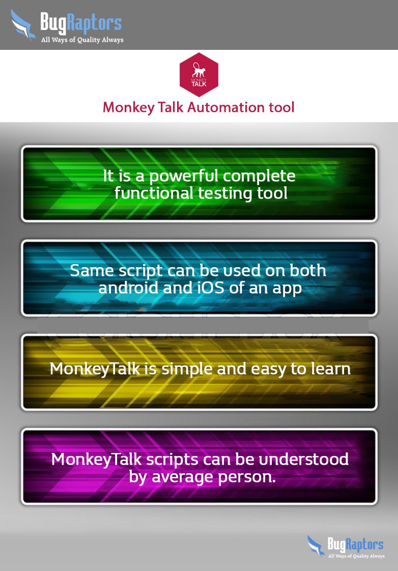 BugRaptors's tweet image. Benefits of #MonkeyTalk Automation tool:
1.) A powerful complete #FunctionalTestingTool.
2.) Simple & easy to learn.
goo.gl/f4YV9d
