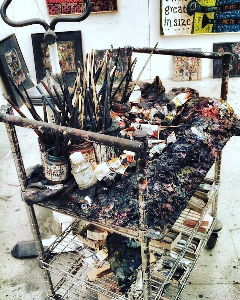 JanPatience's tweet photo. I visited the late Alan Davie’s Hertford studio in 2010 with @gillsy2211 This is his paint trolley/palette #flingb… https://t.co/6fDt95r7gy https://t.co/PdZRdsFQV4