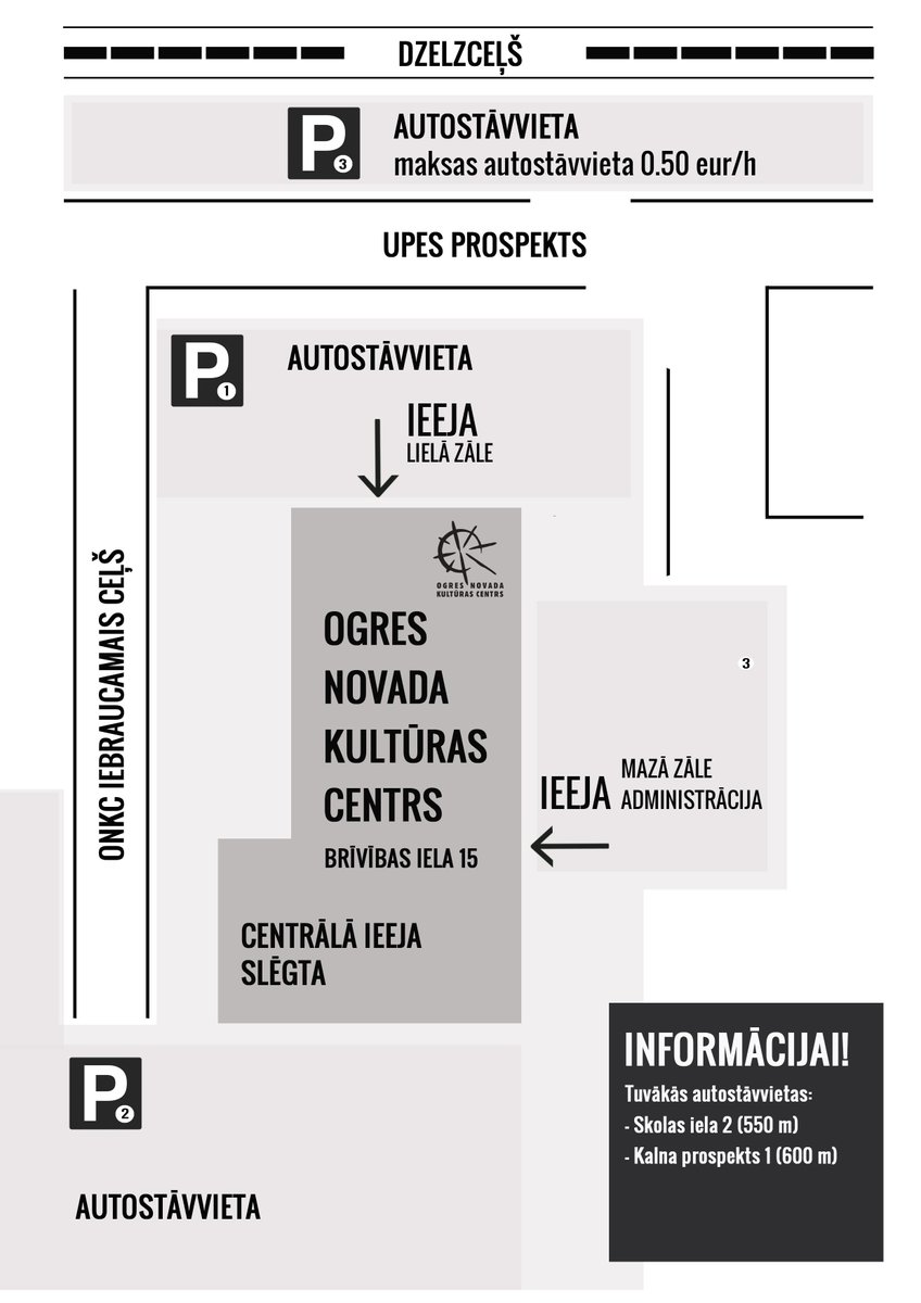 Svarīga informācija autovadītājiem - Ogres novada Kultūras centra apmeklētājiem! Par automašīnu novietošanu centra stāvlaukumā! Skatīt shēmu
