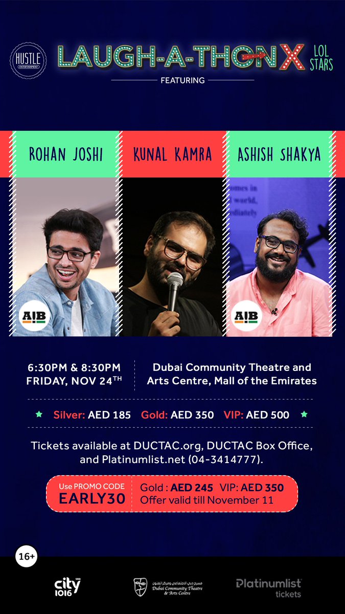 DUBAI! Doing two shows at DUCTAC on Friday, 24th November, along with @mojorojo and <a href="/kunalkamra88/">Kunal Kamra</a>. Come habibi: dubai.platinumlist.net/event-tickets/…