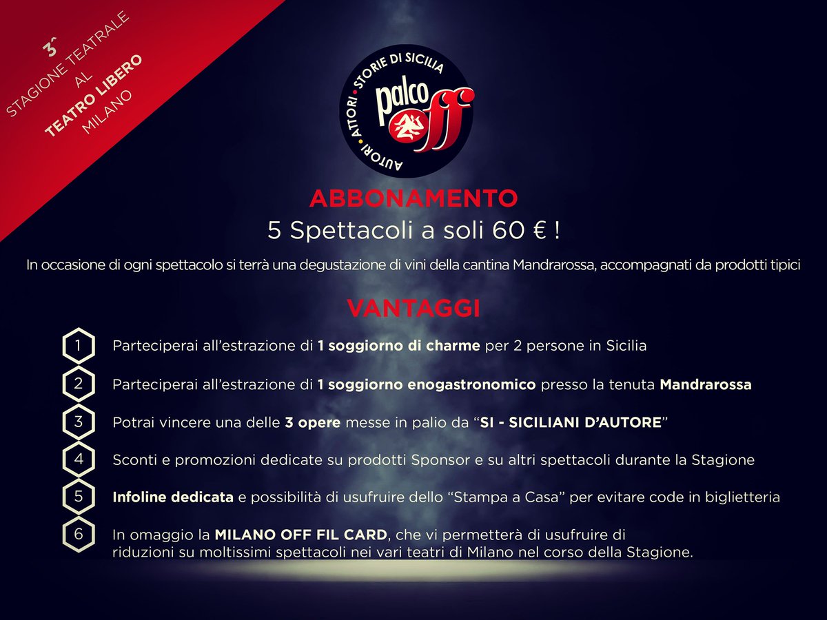 Palco Off (@palcooff) on Twitter photo Abbonarsi a #palcooff conviene perché...
<a href="/teatrolibero/">Teatro Libero</a> <a href="/milano_off/">OffToMilano</a> <a href="/FOYERtabloid/">FOYER - tabloid</a> <a href="/ComuneMI/">Comune di Milano</a> #teatro #Milano #palcooffmilano Abbonarsi a #palcooff conviene perché...
<a href="/teatrolibero/">Teatro Libero</a> <a href="/milano_off/">OffToMilano</a> <a href="/FOYERtabloid/">FOYER - tabloid</a> <a href="/ComuneMI/">Comune di Milano</a> #teatro #Milano #palcooffmilano