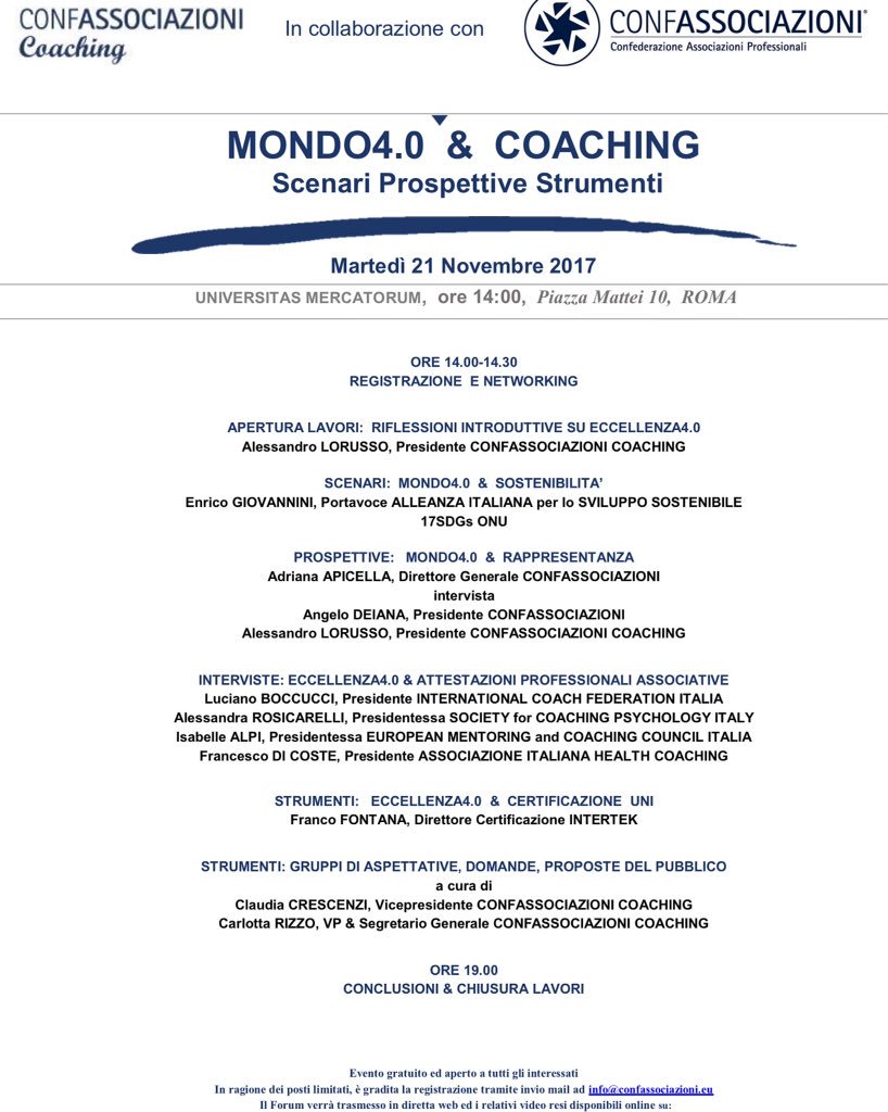 AleLoRusso's tweet photo. #ConfassociazioniCoaching di #eccellenza4.0 #management4.0 parleremo #21Nov17 #UniversitàMercatorum con @AngeloDeianaTW e #EnricoGiovannini https://t.co/2tHTrMixgP