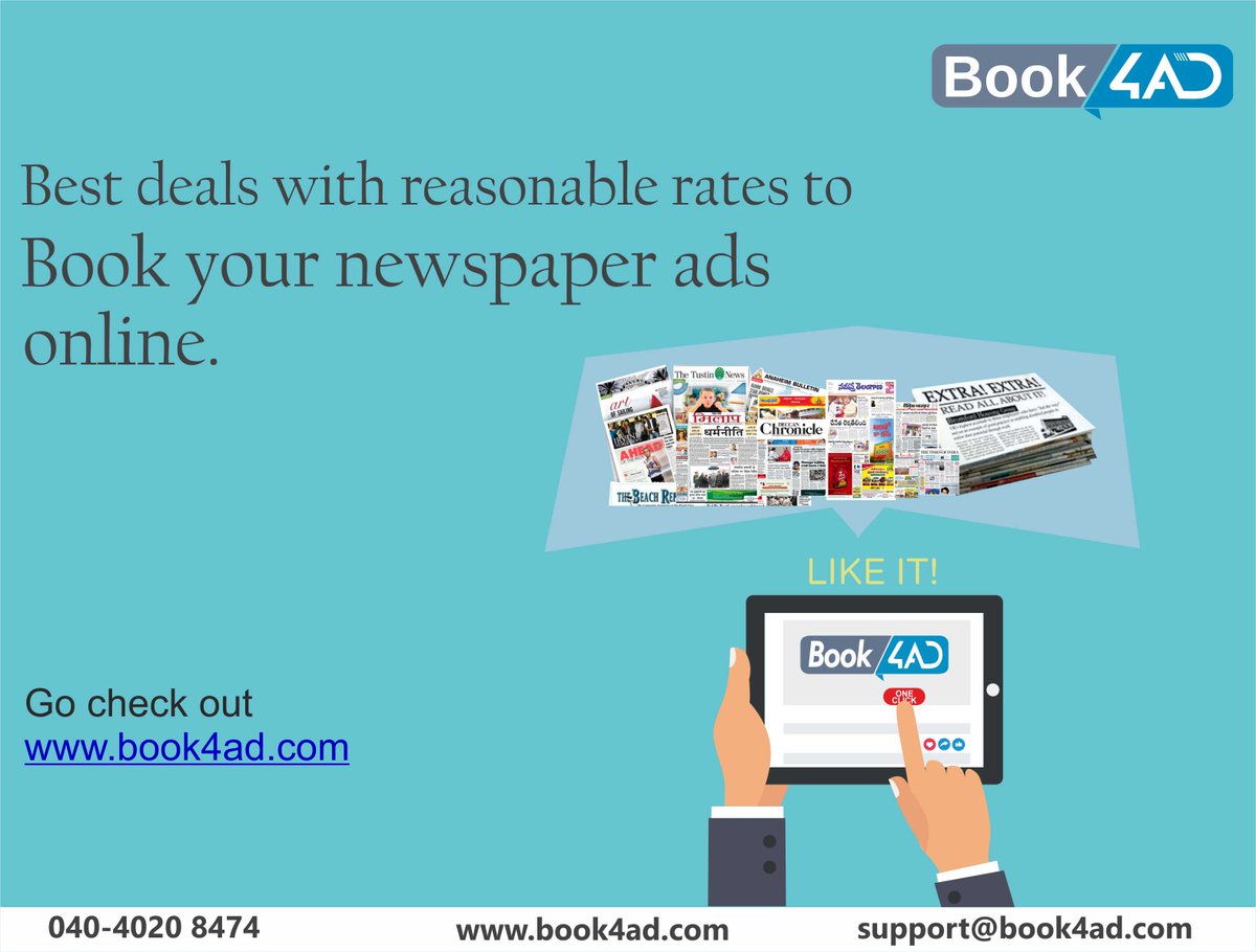 book4ad's tweet image. Book your Newspaper #AdsOnline With reasonable rates...
#Book4ad  @Advertising_biz  @Timesofindia @Indiatoday
book4ad.com