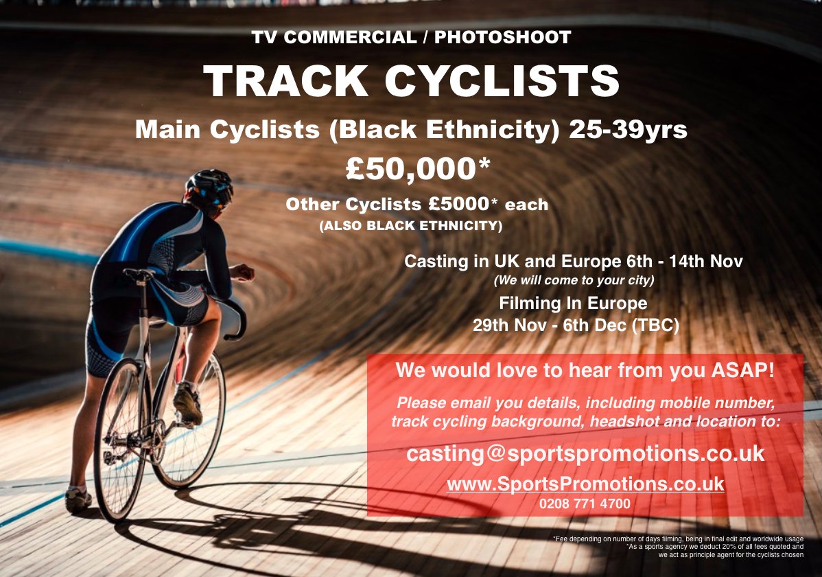 SHARE SHARE SHARE: CASTING CALL FOR TRACK CYCLISTS (BLACK ETHNICITY) - PAY = £50,000*