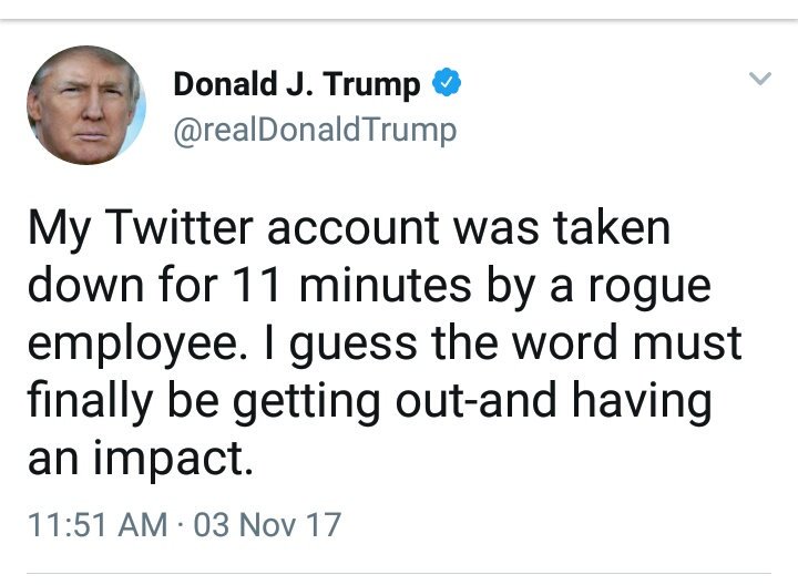 whitecroftsol's tweet photo. A twitter employee on his/her last day on the job deactivated Donald Trump's account yesterday.The account was down for 11 mins
#TechTalker https://t.co/qeSqffM7oy