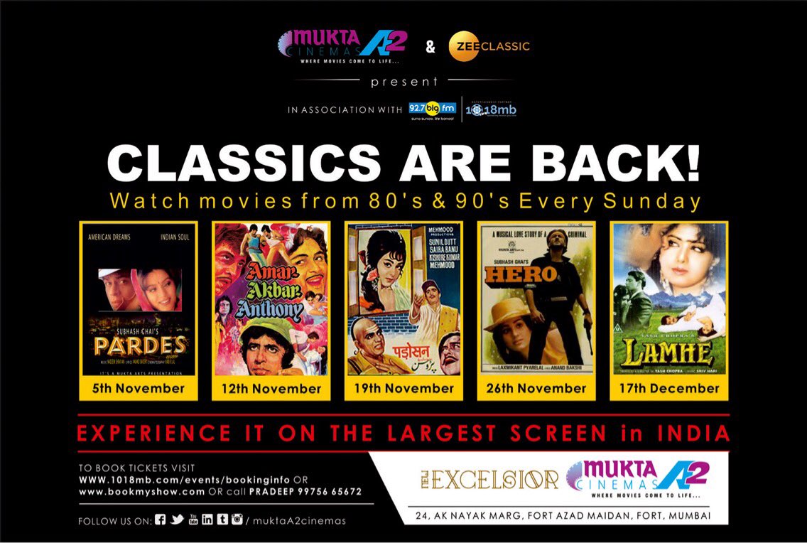 MuktaA2Cinemas's tweet photo. Classics are Back!
Check out the schedule for the upcoming classic films at New Excelsior!
#NextChange #PARDES #5thNov at 3:00PM! https://t.co/1h6go5QgH8