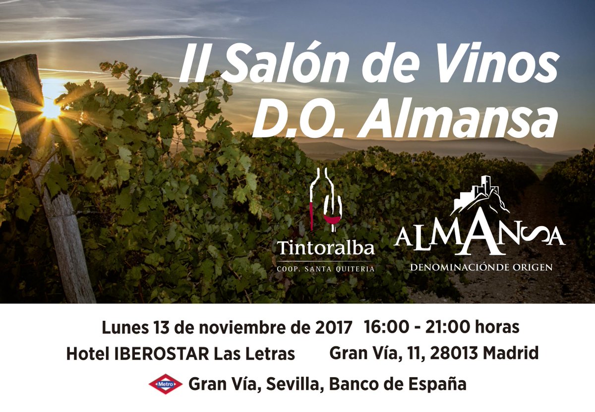 Estaremos en Madrid el 13/11 II Salón de vinos de <a href="/DO_Almansa/">DO Almansa</a> ¡Ven a disfrutar de la Garnacha Tintorera!
Registrarse goo.gl/xQPMDz