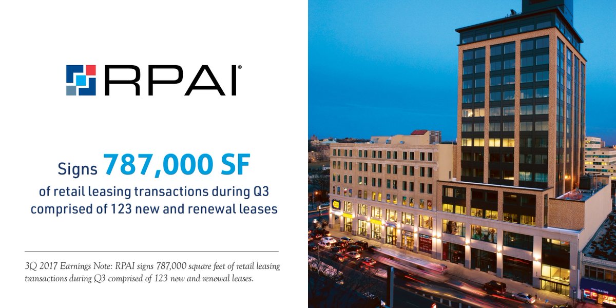 $RPAI signs 787,000 square feet of retail leasing transactions during Q3 comprised of 123 new and renewal leases. bit.ly/RPAI3Q2017