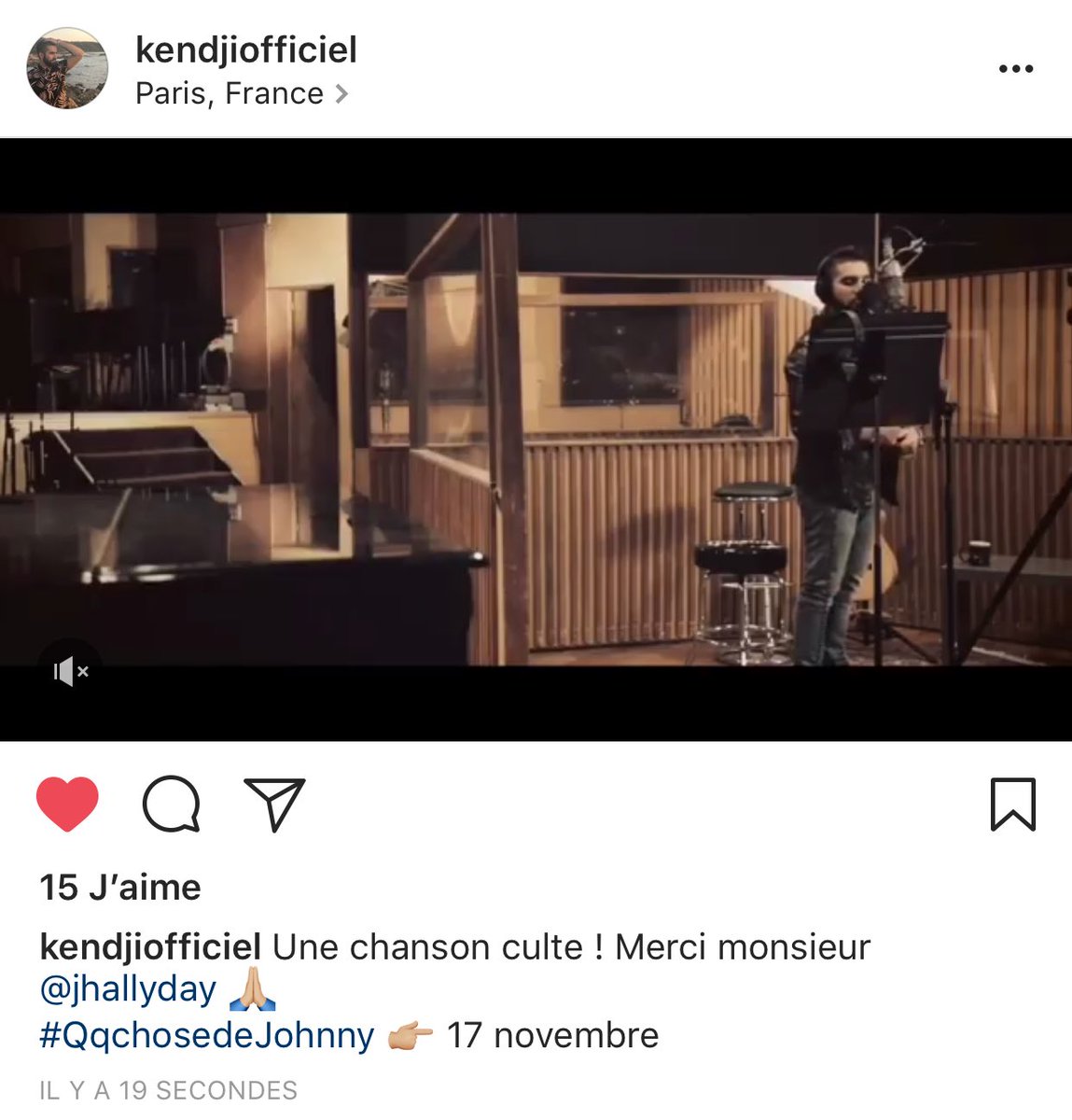 Post Instagram de @GIRACKENDJI 

Une chanson culte ! Merci monsieur @JohnnySjh 🙏🏼 #qqchosedejohnny 👉🏼 17 novembre