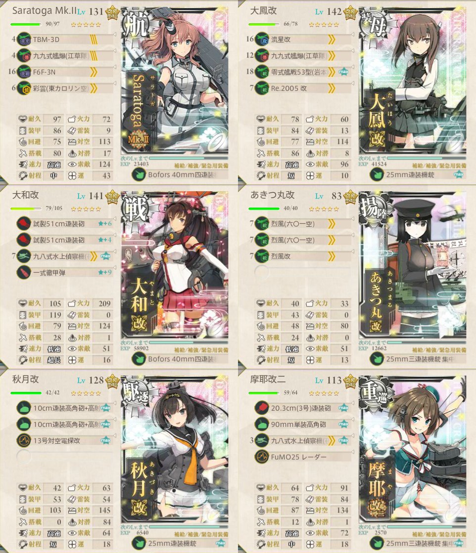 だとの字 スクナヒコナ7陰陽峻厳 5適当に2 On Twitter はい それでは今月の6 5編成 空母ci 編成です サラと装甲空母に戦爆連合ci 及びサラは夜襲ciを撃たせる事を前提としつつ 他の艦で不足する制空を補い 敵機を撃ち落とします これで今月6回ボスs 7出撃で