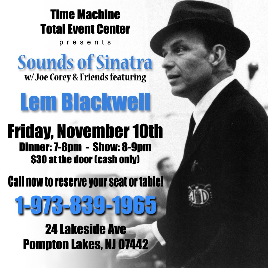 TimeMachineTEC's tweet photo. "Start spreadin' the news..."  Next Friday night at our Event Center in #PomptonLakes we'll be featuring the music of #FrankSinatra! https://t.co/Vzj237rAlH