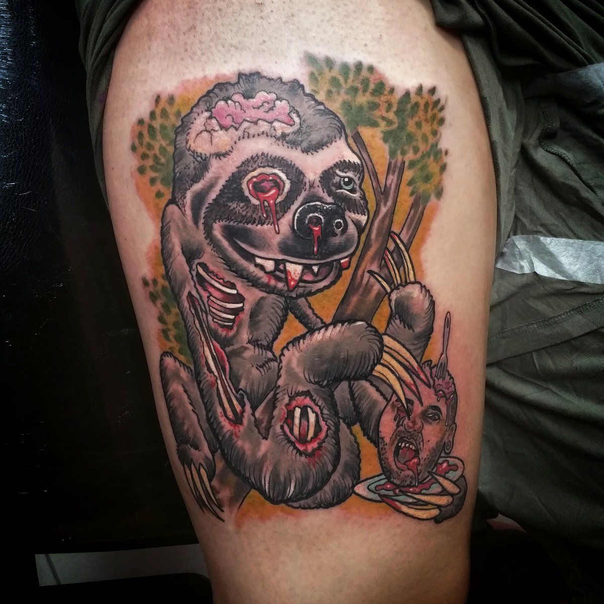 E4TattooFixers's tweet photo. Who remembers Sketch’s #ZombieSloth? #FlashBackFriday 

BRAND NEW #TattooFixers starts Tuesday, 9pm on E4. @sketchreppinink https://t.co/CEBaQFa1x7